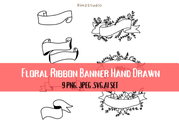 Floral Ribbon Banner Hand Drawn Elements for Graphics and Illustrations