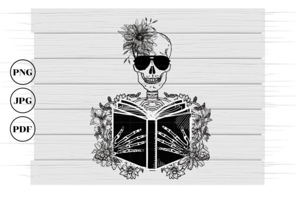 Skeleton Holding Book Floral Book Art for Graphics and Illustrations
